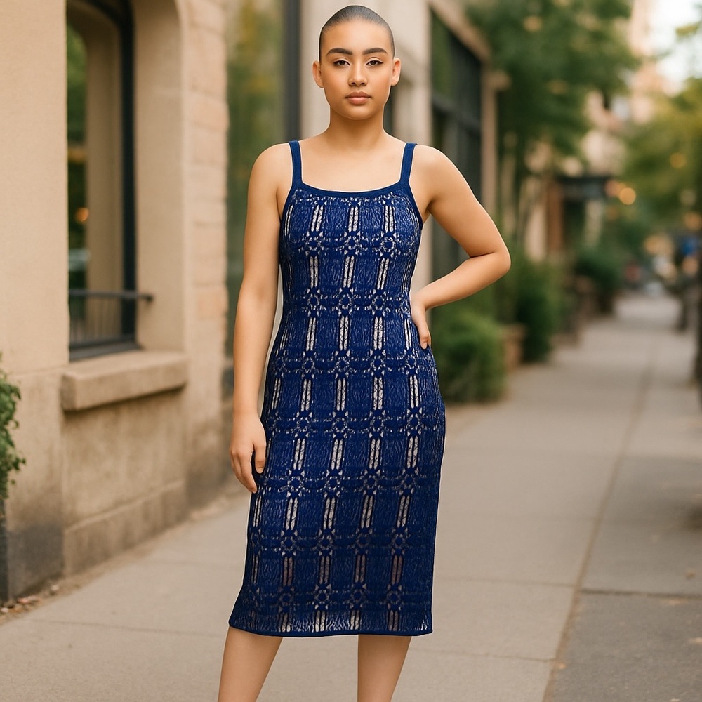 Bleuh Ciel Elegant Sleeveless Illusion Blue Lace Midi Stretch Dress Size Large